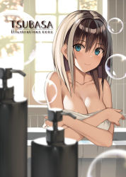 Rule 34 | 1girl, bath, bathing, bathroom, blue eyes, blurry, blurry foreground, blush, breasts, brown hair, character name, cleavage, closed mouth, covering privates, covering breasts, depth of field, indoors, kureha (ironika), large breasts, looking at viewer, medium hair, naked towel, original, smile, soap bottle, soap bubbles, solo, towel, tsubasa (kureha), upper body, window