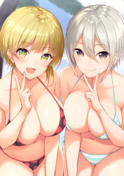 Rule 34 | 2girls, :&gt;, anza tomo, asymmetrical hair, bikini, black bikini, blonde hair, blue bikini, blurry, blush, breasts, brown eyes, cleavage, closed mouth, cowboy shot, day, depth of field, finger to mouth, green eyes, grey hair, hair between eyes, idolmaster, idolmaster cinderella girls, large breasts, leaning forward, looking at viewer, miyamoto frederica, multiple girls, navel, open mouth, outdoors, palm tree, polka dot, polka dot bikini, red bikini, shiomi syuko, short hair, side-tie bikini bottom, sidelocks, smile, striped bikini, striped clothes, swimsuit, symmetry, tree, v, white bikini