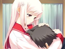 Rule 34 | 00s, 1boy, 1girl, breast smother, breasts, couple, face to breasts, game cg, hair ornament, hairpin, hand on another&#039;s head, hetero, hug, kawata hisashi, lucy maria misora, pink hair, school uniform, serafuku, to heart (series), to heart 2