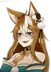 Rule 34 | 1girl, :d, anafuu, animal ears, bare shoulders, blush, brown hair, close-up, collarbone, commentary, detached sleeves, dog ears, english commentary, genderswap, genderswap (mtf), genshin impact, gorou (genshin impact), green eyes, hair between eyes, hair ornament, highres, japanese clothes, long hair, looking at viewer, multicolored hair, open mouth, sidelocks, simple background, smile, solo, streaked hair, thick eyebrows, twitter username, white background