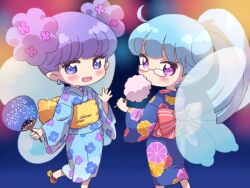 Rule 34 | 2girls, :d, ajisai (fairilu), blue eyes, blue hair, blue kimono, blue wings, blunt bangs, character request, chibi, cotton candy, double bun, earrings, fairy, fairy wings, floral print, food, glasses, hair bun, hand fan, holding, holding fan, holding food, ikzw, japanese clothes, jewelry, kimono, long hair, long sleeves, looking at viewer, multiple girls, obi, open mouth, paper fan, pointy ears, ponytail, print kimono, purple eyes, purple hair, rilu rilu fairilu, sash, smile, standing, sumire (fairilu), uchiwa, wide sleeves, wings, yukata