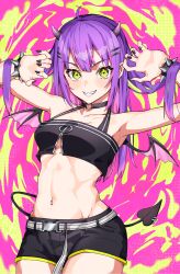Rule 34 | 1girl, ahoge, alternate hairstyle, armpits, barbell piercing, belt, black choker, black shorts, black tank top, bracelet, choker, claw pose, colored inner hair, commentary, crop top, demon girl, demon tail, demon wings, ear piercing, green eyes, grin, groin, hair ornament, hairclip, highres, hololive, jewelry, light blush, long hair, looking at viewer, mini wings, multicolored hair, navel piercing, no bra, o-ring, o-ring choker, piercing, pink hair, pointy ears, purple hair, r h 0502, short shorts, shorts, smile, solo, spiked bracelet, spikes, streaked hair, tail, tail ornament, tail piercing, tank top, tokoyami towa, toned, virtual youtuber, wings