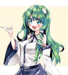 Rule 34 | 1girl, :d, bare shoulders, blue skirt, blush, breasts, collared shirt, cowlick, detached sleeves, frog hair ornament, green eyes, green hair, hair ornament, hair tubes, highres, kochiya sanae, long hair, long sleeves, looking at viewer, mappe (778exceed), medium breasts, nontraditional miko, open mouth, outline, outside border, shirt, simple background, skirt, sleeveless, sleeveless shirt, smile, snake hair ornament, solo, touhou, upper body, white shirt, wide sleeves, yellow background