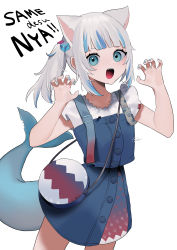Rule 34 | 1girl, absurdres, animal ears, bag, bebe (bebe pp), blue eyes, blue hair, blush, cat ears, claw pose, commentary request, cowboy shot, fins, fish tail, gawr gura, gawr gura (casual), hair ornament, hands up, highres, hololive, hololive english, looking at viewer, multicolored hair, nail polish, no nose, official alternate costume, open mouth, overalls, shark tail, sharp teeth, short sleeves, shoulder bag, signature, simple background, smile, solo, streaked hair, tail, teeth, virtual youtuber, white background