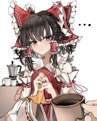 Rule 34 | ..., 1girl, 1other, absurdres, ascot, bow, brown hair, coffee, coffee maker, coffee mug, commentary, cup, detached sleeves, disembodied limb, english commentary, frilled bow, frilled hair tubes, frills, hair bow, hair tubes, hakurei reimu, highres, holding, holding ascot, holding cup, medium hair, messy hair, moka pot, mug, multiple hair bows, nontraditional miko, ougiikun, pov, pov hands, purple eyes, red bow, ribbon, ribbon-trimmed sleeves, ribbon trim, simple background, touhou, white background, yellow ascot