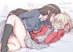 Rule 34 | 2girls, artist name, bed, black hair, black socks, blonde hair, blue bow, blue bowtie, blush, bow, bowtie, closed eyes, dress, flying sweatdrops, hair ribbon, hand on another&#039;s shoulder, heart, inoue takina, jacket, kiss, long hair, lycoris recoil, lycoris uniform, lying, multicolored clothes, multicolored jacket, multiple girls, nishikigi chisato, on bed, one side up, open mouth, pleated dress, red ribbon, ribbon, school uniform, short hair, skirt, socks, speech bubble, spoken flying sweatdrops, spoken heart, studiozombie, thighs, yuri