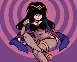 Rule 34 | 1girl, akairiot, bad id, bad tumblr id, black hair, blunt bangs, bodystocking, breasts, cape, cleavage, covered navel, fire emblem, fire emblem awakening, hime cut, large breasts, looking at viewer, nintendo, reclining, smile, solo, tharja (fire emblem), tiara