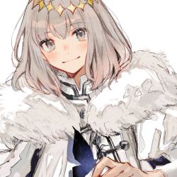 Rule 34 | 1boy, bug, butterfly, cape, chocoan, crown, fate/grand order, fate (series), fur-trimmed cape, fur trim, grey eyes, highres, bug, insect on finger, male focus, oberon (fate), silver hair, smile, white background