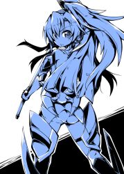 Rule 34 | 10s, 1girl, armor, bare shoulders, blue eyes, blue hair, blue theme, blush, boots, elbow gloves, from behind, gloves, hair between eyes, high contrast, holding, holding sword, holding weapon, kazanari tsubasa, leotard, long hair, looking back, matching hair/eyes, monochrome, ponytail, reku, senki zesshou symphogear, side ponytail, simple background, sketch, smile, solo, standing, sword, thigh boots, thighhighs, very long hair, weapon, white background