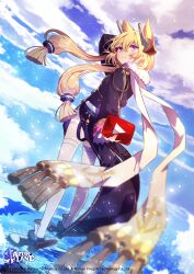 Rule 34 | 1girl, azur lane, blonde hair, blush, commentary, commission, english commentary, floating hair, hair between eyes, headgear, hen-tie, highres, holding, logo, long hair, long legs, looking at viewer, low twintails, official art, open mouth, purple eyes, rudder footwear, scarf, shoes, sidelocks, smile, solo, standing, standing on liquid, thighhighs, twintails, warspite (azur lane), watermark, white scarf, white thighhighs, yostar, youtube, youtube logo