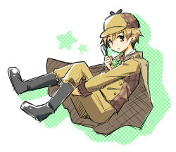 Rule 34 | 00tea, 1boy, brown cape, brown headwear, brown jacket, brown pants, cape, detective, ensemble stars!, green background, jacket, looking at viewer, magnifying glass, male focus, mashiro tomoya, multicolored background, pants, solo, white background