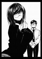 Rule 34 | 1boy, 1girl, blowing kiss, breasts, collared shirt, facing viewer, fingernails, glasses, greyscale, hachinuki tetsuyo, hand up, highres, jitome, large breasts, long sleeves, looking at viewer, looking to the side, medium hair, monochrome, necktie, opaque glasses, original, pants, shirt, short hair, simple background, standing, sweater, swept bangs, turtleneck, turtleneck sweater