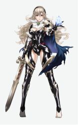 Rule 34 | 1girl, armor, ascot, breasts, cape, cleavage, clothing cutout, corrin (female) (fire emblem), corrin (fire emblem), dragonstone, fire emblem, fire emblem fates, gem, gloves, hair between eyes, hairband, holding, holding sword, holding weapon, kozaki yuusuke, large breasts, leotard, long hair, looking at viewer, medium breasts, nintendo, official alternate costume, official art, pointy ears, red eyes, serious, simple background, solo, sword, thigh cutout, thighhighs, torn clothes, wavy hair, weapon, white hair, yato (fire emblem)