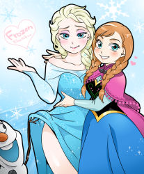 Rule 34 | 2girls, anna (frozen), bad id, bad pixiv id, blonde hair, blue eyes, blush, braid, brown hair, cape, character name, clothes lift, commentary request, copyright name, doboshiru, dress, dress lift, elsa (frozen), eyeshadow, freckles, frozen (disney), heart, lips, looking at viewer, makeup, multiple girls, olaf (frozen), parted lips, siblings, sisters, smile, snowflakes, snowman, twin braids