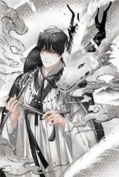 Rule 34 | 1boy, black hair, closed mouth, commentary request, dragon, hair between eyes, hand fan, highres, holding, holding fan, kim dokja, korean commentary, light smile, long sleeves, male focus, omniscient reader&#039;s viewpoint, robe, short hair, solo, sonakbe 33, white background