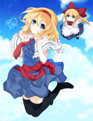 Rule 34 | 1girl, aika4472, alice margatroid, apron, black thighhighs, blonde hair, blue dress, blue eyes, blush, bow, capelet, cloud, cloudy sky, doll, dress, full body, hairband, hands up, highres, jumping, legs up, looking at viewer, necktie, no shoes, red hairband, red necktie, red sash, sash, shanghai doll, sky, smile, thighhighs, touhou, white apron, white capelet, zettai ryouiki