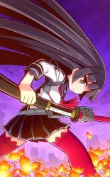 Rule 34 | 1girl, 7th dragon (series), 7th dragon 2020, animal, black hair, black sailor collar, black skirt, blush, brown eyes, closed mouth, cloud, cloudy sky, commentary request, dragon, gloves, grey gloves, highres, holding, holding sheath, holding sword, holding weapon, katana, katanako, long hair, long sleeves, looking at viewer, looking to the side, naga u, neckerchief, petals, pleated skirt, profile, purple background, red neckerchief, red thighhighs, sailor collar, samurai (7th dragon), samurai (7th dragon), school uniform, serafuku, sheath, shirt, skirt, sky, solo, sword, thighhighs, unsheathing, very long hair, weapon, white shirt