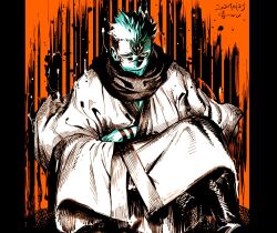 Rule 34 | 1boy, black scarf, black socks, blood, blood splatter, commentary, dated, facial tattoo, greyscale with colored background, highres, japanese clothes, jujutsu kaisen, kimono, kotteri, looking at viewer, orange background, ryoumen sukuna (jujutsu kaisen), scarf, short hair, simple background, sitting, socks, solo, spiked hair, tattoo, white kimono