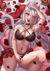 Rule 34 | 1girl, absurdres, animal ear fluff, animal ears, bed, black nail polish, black nails, breasts, cat ears, cat girl, cat tail, chocolate, chocolate covered strawberry, choker, fangs, flower, happy, highres, indie virtual youtuber, kimipatisserie, long hair, looking at viewer, lying, nail polish, navel, nekomancer, nekomancervt, persephone, petals, purple eyes, rose, rose petals, solo, tail, valentines chocolate, virtual youtuber, white hair, witch, yellow eyes