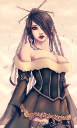 Rule 34 | 00s, 1girl, absurdres, bare shoulders, black hair, braid, breasts, buckle, cleavage, corset, dress, eyeshadow, feathers, final fantasy, final fantasy x, hair ornament, hair over one eye, highres, huge filesize, jewelry, large breasts, lips, lipstick, low neckline, lulu (ff10), makeup, mole, mole under mouth, necklace, off-shoulder dress, off shoulder, red eyes, solo, soranamae, square enix, thick lips
