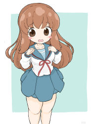 Rule 34 | 1girl, absurdres, asahina mikuru, blue background, blue sailor collar, blue skirt, blush stickers, breasts, brown eyes, brown hair, collarbone, commentary request, hands up, highres, long hair, long sleeves, medium breasts, neck ribbon, open mouth, pleated skirt, puffy long sleeves, puffy sleeves, red ribbon, ribbon, rururu (pyrk8855), sailor collar, school uniform, serafuku, shirt, skirt, solo, suzumiya haruhi no yuuutsu, two-tone background, very long hair, wavy mouth, white background, white shirt