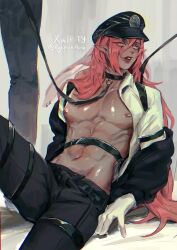 Rule 34 | 2boys, abs, absurdres, arm belt, belt, black belt, black jacket, black pants, blush, collared shirt, cowboy shot, gloves, hands on floor, hat, highres, holding, holding leash, jacket, leaning back, leash, long hair, looking to the side, male focus, multiple boys, nipples, on floor, open clothes, open shirt, original, pants, parted lips, pectorals, pink eyes, pink hair, pointy ears, police, police hat, police uniform, shiny skin, shirt, simple background, sitting, solo focus, thigh belt, thigh strap, twitter username, uniform, white gloves, white shirt, xalt-ty, yaoi