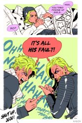 Rule 34 | anger vein, battle tendency, beanie, blonde hair, caesar anthonio zeppeli, facial mark, flat color, green hair, gyro zeppeli, hat, johnny joestar, jojo no kimyou na bouken, male focus, marion-ville, on bed, pillow, pointing, scarf, shoes, sneakers, steel ball run, striped clothes, striped scarf