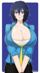 Rule 34 | 1girl, axel persona, blue eyes, blue hair, blush, breasts, cleavage, female focus, highres, huge breasts, matching hair/eyes, persona, persona 4, shirogane naoto, short hair, solo, sweat