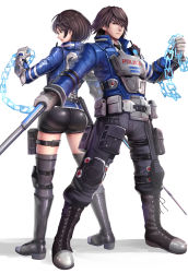 Rule 34 | 1boy, 1girl, akira howard (female), akira howard (male), ass, astral chain, back-to-back, boots, brother and sister, brown eyes, brown hair, chain, full body, gonzarez, highres, holding, holding chain, holding weapon, long sleeves, police, police uniform, short hair, short shorts, shorts, siblings, standing, twins, uniform, weapon