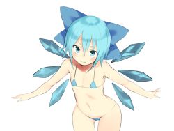 Rule 34 | 1girl, bikini, blue bikini, blue bow, blue eyes, blue hair, bow, cirno, cropped legs, hair bow, ice, ice wings, looking at viewer, matching hair/eyes, navel, outstretched arms, short hair, smile, solo, spread arms, swimsuit, touhou, transparent background, wings