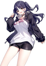Rule 34 | 1girl, :d, black hair, black jacket, black shorts, blush, boku no kokoro no yabai yatsu, breasts, brown eyes, clothes writing, collarbone, commentary request, earrings, hand up, highres, hoop earrings, jacket, jewelry, long hair, long sleeves, looking at viewer, medium breasts, open clothes, open jacket, open mouth, puffy long sleeves, puffy sleeves, ririko (zhuoyandesailaer), shirt, short shorts, shorts, simple background, sleeves past wrists, smile, solo, two side up, very long hair, white background, white shirt, yamada anna