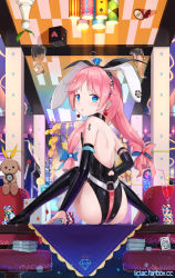 Rule 34 | 1girl, animal ears, ass, bare shoulders, bdsm outfit, bendy straw, black leotard, black sleeves, black thighhighs, blue bow, blue eyes, bow, commentary request, detached sleeves, dice, drink, drinking straw, earrings, fake animal ears, from behind, hair bow, highres, jewelry, knees up, leotard, liclac, long hair, long sleeves, looking at viewer, looking back, on table, original, pink bow, pink hair, poker chip, rabbit ears, sitting, sitting on table, solo, stool, strapless, strapless leotard, stuffed animal, stuffed toy, table, teddy bear, thighhighs, very long hair, watermark, web address