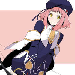 Rule 34 | 1girl, beret, black jacket, bow (weapon), closed mouth, hat, holding, holding bow (weapon), holding weapon, jacket, long sleeves, looking at viewer, m.o.m.o., medium hair, oto nagi, pink background, pink hair, smile, solo, two-tone background, upper body, weapon, white background, xenosaga, yellow eyes
