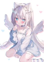 Rule 34 | 1girl, animal ears, blue eyes, blush, commission, dress, hair ornament, hairband, hakua aa, heart, highres, long hair, long sleeves, looking at viewer, original, simple background, sitting, skeb commission, solo, very long hair, wariza, white background, white dress, wings, x hair ornament