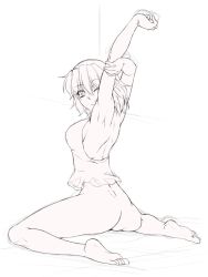 Rule 34 | 1girl, armpits, arms up, ass, back, bad id, bad twitter id, bare back, barefoot, bottomless, breasts, full body, greyscale, large breasts, lineart, looking back, mizuhashi parsee, monochrome, one eye closed, ootsuki wataru, plantar flexion, pointy ears, short hair, sideboob, sitting, sketch, soles, solo, stretching, touhou, wariza