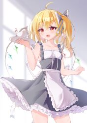 Rule 34 | 1girl, ahoge, armpits, bare shoulders, blonde hair, collarbone, cowboy shot, cup, flandre scarlet, grey ribbon, hair ribbon, indoors, kk snake, maid, open mouth, plate, red eyes, ribbon, side ponytail, solo, teacup, touhou