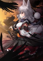 Rule 34 | 1girl, animal ears, bird, black feathers, black skirt, blush, breasts, bridal gauntlets, cowboy shot, crow, detached sleeves, feathers, frilled skirt, frills, from side, hakama, hakama skirt, hat, inubashiri momiji, japanese clothes, kei kei, long sleeves, looking away, medium breasts, obi, overskirt, parted lips, pom pom (clothes), profile, red eyes, sash, short hair, silver hair, skirt, solo, tokin hat, touhou, wide sleeves, wolf ears