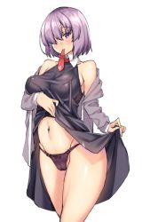 Rule 34 | 1girl, bad id, bad pixiv id, bare legs, bare shoulders, black dress, black legwear, black panties, bow, bow panties, breasts, clothes lift, collared dress, covered erect nipples, cowboy shot, dress, dress lift, fate/grand order, fate (series), hair over one eye, highres, jacket, large breasts, lifting own clothes, light purple hair, looking at viewer, mash kyrielight, mouth hold, navel, necktie, panties, pantyshot, purple eyes, red necktie, shirokuma a, short hair, sleeveless, sleeveless dress, solo, thighs, underwear