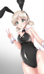 Rule 34 | 1girl, aki (girls und panzer), alternate costume, animal ears, bare legs, black bow, black bowtie, black leotard, blush, bow, bowtie, breasts, collar, commentary, covered navel, cowboy shot, detached collar, dutch angle, fake animal ears, fake tail, girls und panzer, gradient background, green eyes, grey background, hair tie, leotard, light brown hair, looking at viewer, low twintails, naopon918, o o, open mouth, playboy bunny, rabbit ears, rabbit tail, raised eyebrow, short hair, short twintails, small breasts, solo, standing, strapless, strapless leotard, tail, twintails, v, white background, white collar, wing collar