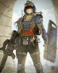 Rule 34 | 1girl, absurdres, armor, armored boots, artist logo, ballistic shield, beam rifle, belt, belt pouch, black hair, black pants, blue sky, blurry, blurry background, body armor, boots, closed mouth, cloud, commentary request, cosplay, day, energy gun, feet out of frame, frown, green eyes, gun, gundam, hair between eyes, helmet, highres, holding, holding gun, holding shield, holding weapon, long hair, looking afar, looking ahead, mecha musume, microphone, mobile suit gundam, moyan, pants, pouch, procreate (medium), radio antenna, rubble, rx-78-2, rx-78-2 (cosplay), shield, sky, solo, standing, twitter username, v-fin, weapon, white belt
