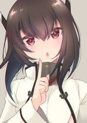 Rule 34 | 1girl, :o, blush, brown hair, collar, commentary request, grey background, head tilt, headband, highres, index finger raised, kantai collection, long hair, long sleeves, looking at viewer, open mouth, ponytail, red eyes, simple background, solo, taihou (kancolle), tsukimochikuriko (tsukimochi k), upper body