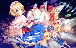 Rule 34 | 6+girls, alice margatroid, artist name, blonde hair, blue dress, blue eyes, blush, book, bow, capelet, dress, flower, frilled hairband, frills, hair between eyes, hair bow, hairband, hand up, holding, holding weapon, lance, lolita hairband, long hair, looking at viewer, multiple girls, petticoat, pink flower, polearm, red bow, red hairband, red sash, sash, shanghai doll, short hair, timins, touhou, twitter username, weapon, white capelet, wrist cuffs