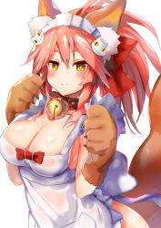 Rule 34 | 1girl, absurdres, amamitsu kousuke, animal hands, apron, bell, blush, breasts, c:, cat hair ornament, choker, cleavage, closed mouth, fate/grand order, fate (series), frilled apron, frills, hair between eyes, hair ornament, half-closed eyes, hands up, highres, jingle bell, large breasts, long hair, looking at viewer, maid headdress, naked apron, neck bell, pink hair, simple background, smile, solo, tamamo (fate), tamamo cat (fate), tamamo cat (third ascension) (fate), tamamo no mae (fate/extra), white background, yellow eyes