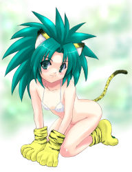 Rule 34 | 1girl, animal ears, animal hands, animal print, bra, cham cham, flat chest, gloves, green eyes, green hair, lingerie, matching hair/eyes, no panties, paw gloves, paw shoes, samurai spirits, shoes, smile, snk, solo, tail, tiger print, underwear
