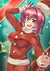Rule 34 | 1girl, commentary request, cowboy shot, fur-trimmed headwear, fur-trimmed shirt, fur trim, hair intakes, hat, highres, kantai collection, kinu (kancolle), open mouth, orange eyes, pants, red hair, red hat, red pants, red shirt, round teeth, santa costume, santa hat, shirt, short hair, solo, teeth, upper teeth only, yo-suke