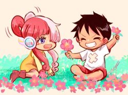 Rule 34 | &gt; &lt;, 1boy, 1girl, aged down, arm up, black hair, boots, child, closed eyes, commentary, commentary request, cross, dress, english commentary, flower, hair over one eye, headphones, holding, holding flower, long sleeves, looking at another, magu pink, monkey d. luffy, multicolored hair, one piece, purple eyes, red hair, shirt, short hair, signature, sitting, smile, t-shirt, two-tone hair, uta (one piece), white hair, white shirt, yellow dress