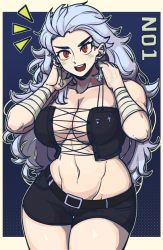 Rule 34 | 1girl, :d, abs, bandages, blue background, border, breasts, center opening, character name, cleavage, cleavage cutout, clothing cutout, cowboy shot, cross, denim, denim shorts, dorohedoro, dotted background, earrings, grey hair, hands up, highres, inverted cross, jewelry, large breasts, long hair, masgamjya, midriff, muscular, muscular female, navel, noi (dorohedoro), open mouth, red eyes, short shorts, shorts, smile, solo, standing, stomach, tall, tall female, teeth, thick thighs, thighs, upper teeth only, white border