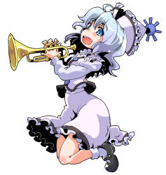 Rule 34 | 1girl, :d, ahoge, blue eyes, blue hair, blush, bobby socks, hat, instrument, juliet sleeves, jumping, long hair, long sleeves, looking at viewer, mary janes, matching hair/eyes, merlin prismriver, open mouth, playing instrument, puffy sleeves, shinapuu, shoes, silver hair, skirt, skirt set, smile, socks, solo, touhou, trumpet, vest