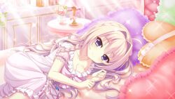 Rule 34 | 1girl, ahoge, bedroom, blonde hair, blue eyes, book, braid, breasts, cleavage, closed mouth, collarbone, day, dot nose, film grain, flower, frilled pajamas, game cg, hair intakes, heart, heart-shaped pillow, indoors, izumi tsubasu, lamp, long braid, long hair, looking at viewer, lying, medium breasts, mole, mole under each eye, mole under eye, multiple moles, non-web source, official art, on bed, on side, pajamas, picture frame, pillow, pink flower, pink pajamas, pink rose, re:stage!, rose, shiratori amaha (re:stage!), short sleeves, single braid, smile, solo, sparkle, sunlight, vase, white flower, white rose