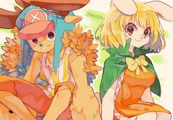 Rule 34 | 1girl, alternate form, animal ears, antlers, black eyes, blonde hair, bow, bowtie, brown eyes, cape, carrot (one piece), commentary request, cross, dress, green background, green cape, highres, horns, looking at viewer, one piece, orange dress, rabbit ears, rabbit girl, shirt, short hair, smile, striped clothes, striped shirt, tokuura, tony tony chopper, twitter username, two-tone shirt, vertical-striped clothes, vertical-striped shirt, white shirt, yellow shirt